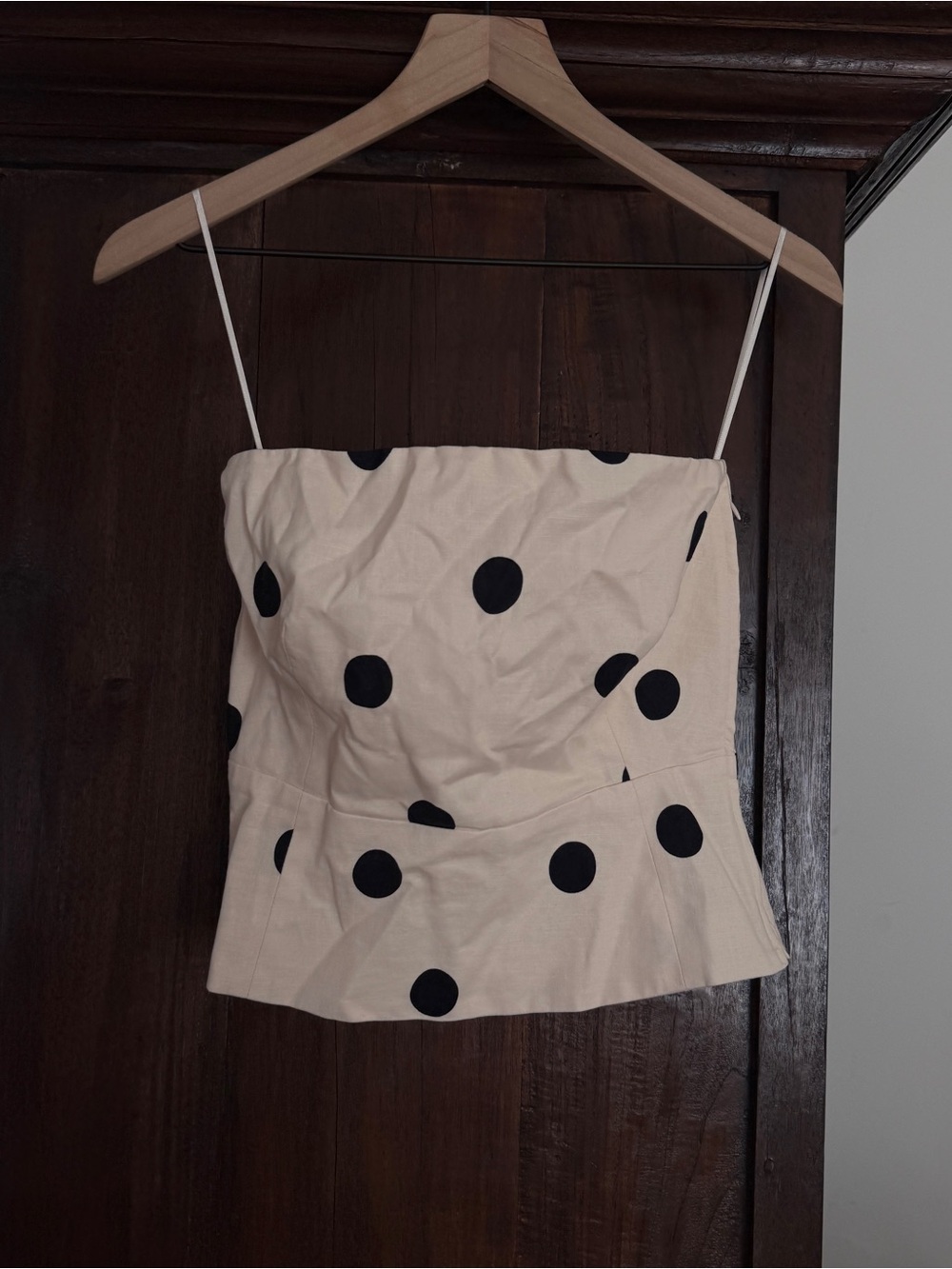 Sezane Polka Dot Strapless Beige and Black Bustier Top